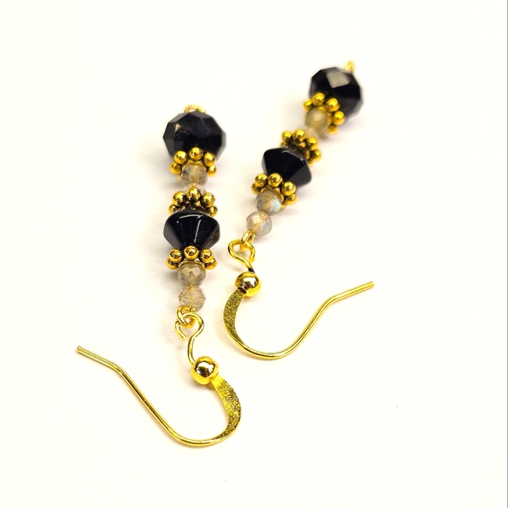 Handmade Labradorite and Black Faceted Glass Beaded Earrings - Picture 4 of 6
